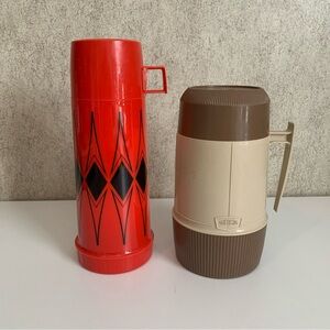 Vintage Thermos set of 2. Black and red retro design and brown thermos.
